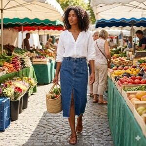 NWT Showpo. Janeve Blue Denim Medium Wash Jean Split Front Midi Skirt Women's 8